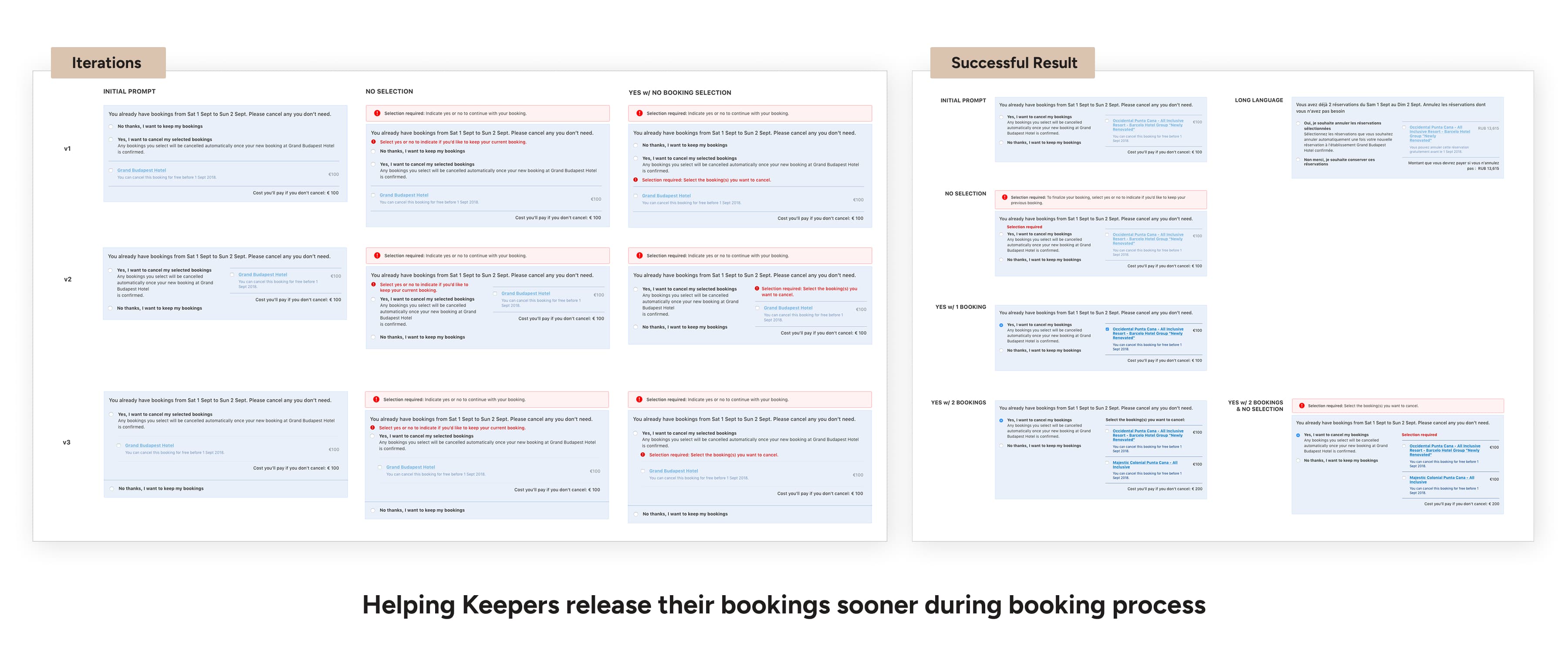 Design iterations for the cancel-while-booking feature, from early explorations to the final shipped version