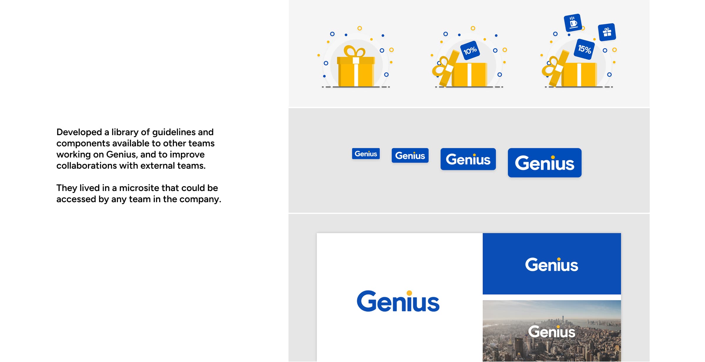 Screenshots of the Genius guidelines microsite showing tone of voice, visual elements, and component documentation