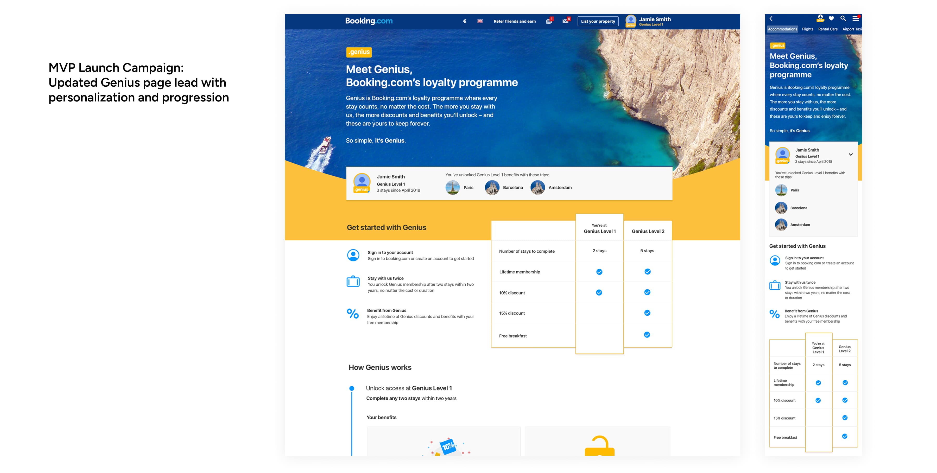 Updated Genius page with tier comparison, progression steps, and personalized travel history