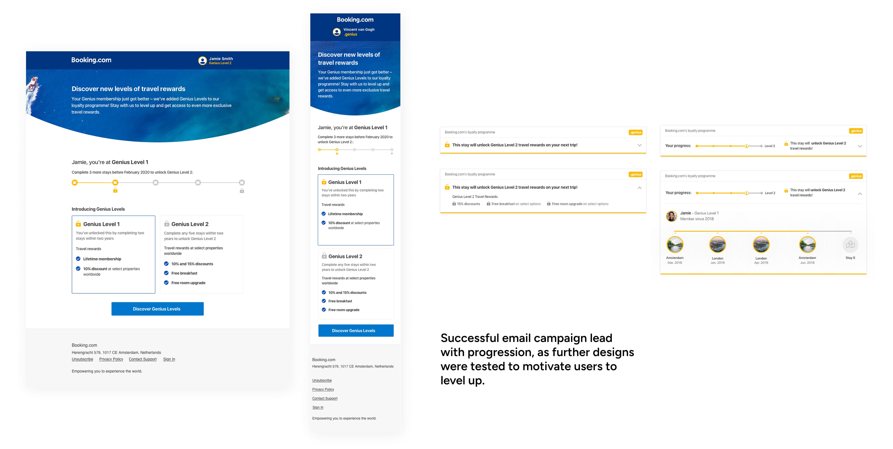Launch campaign email introducing Genius Levels with progression tracker and tier comparison, and further progression exploration